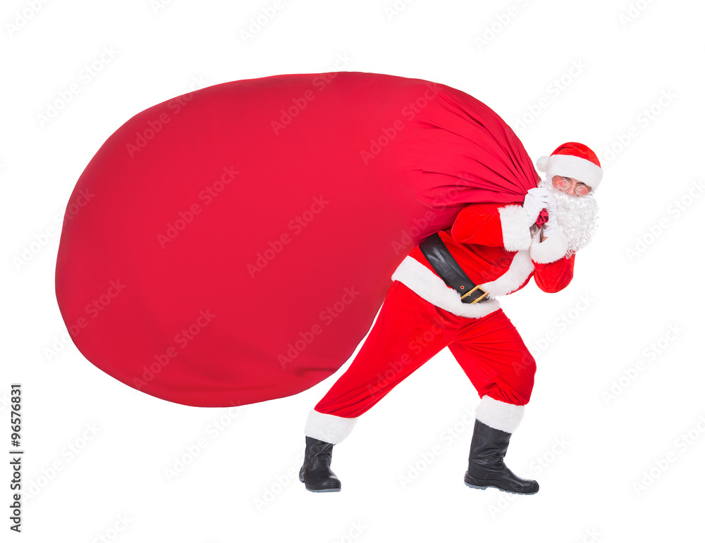 Santa Claus pull Christmas bag with gifts isolated on white Santa Claus pull Christmas bag with gifts isolated on white