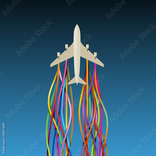 Airplane with colorful ribbons, eps10 vector