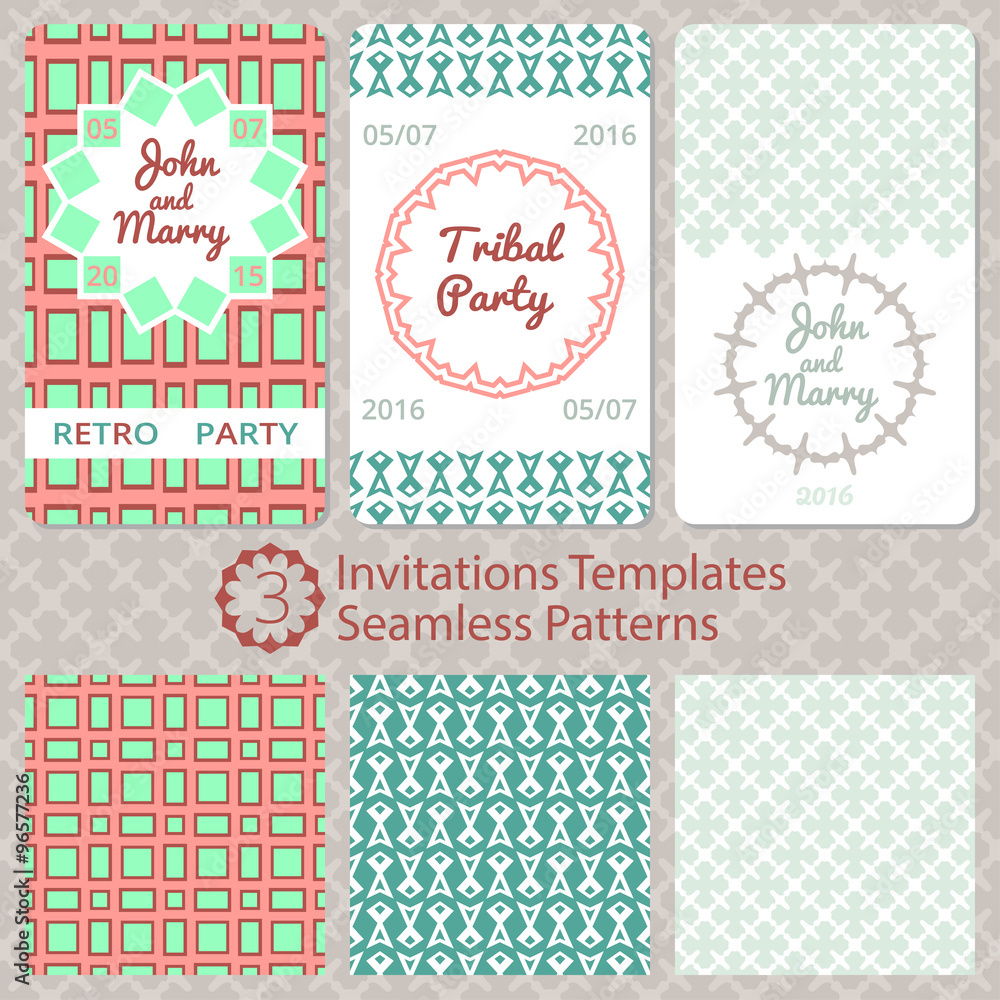 Set of vector cards. 3 templates for party invitations. 3 seamless patterns.