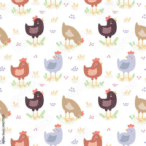 Cute hens vector seamless pattern (pastel colors)