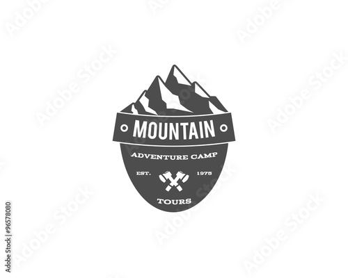 Old style mountain trekking, climbing hiking camping badge, outdoor logo, emblem, stamp and label concept for web, print. Retro stylish monochrome design. Easy to change color. Vector