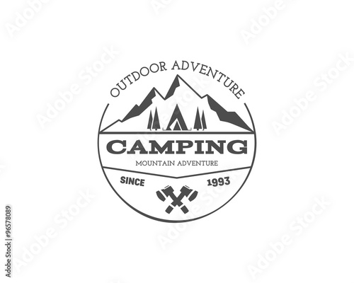 Vintage mountain trekking, climbing hiking camping badge, outdoor logo, emblem, stamp and label concept for web, print. Retro stylish monochrome design. Easy to change color. Vector