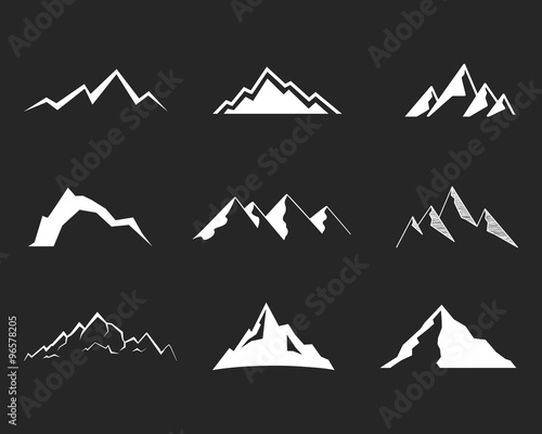 Set of mountain silhouette elements. Outdoor icon. Hand drawn snow ice mountain tops, decorative symbols isolated. Use them for camping logo, travel labels, climbing or hiking badges. Vector