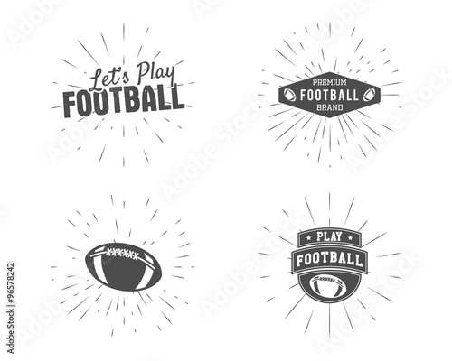 Set of vintage rugby and american football labels, emblems and logo designs with sunburst elements. Hand drawn monochrome style with lettering. Usa sports identity symbols. Vector illustration
