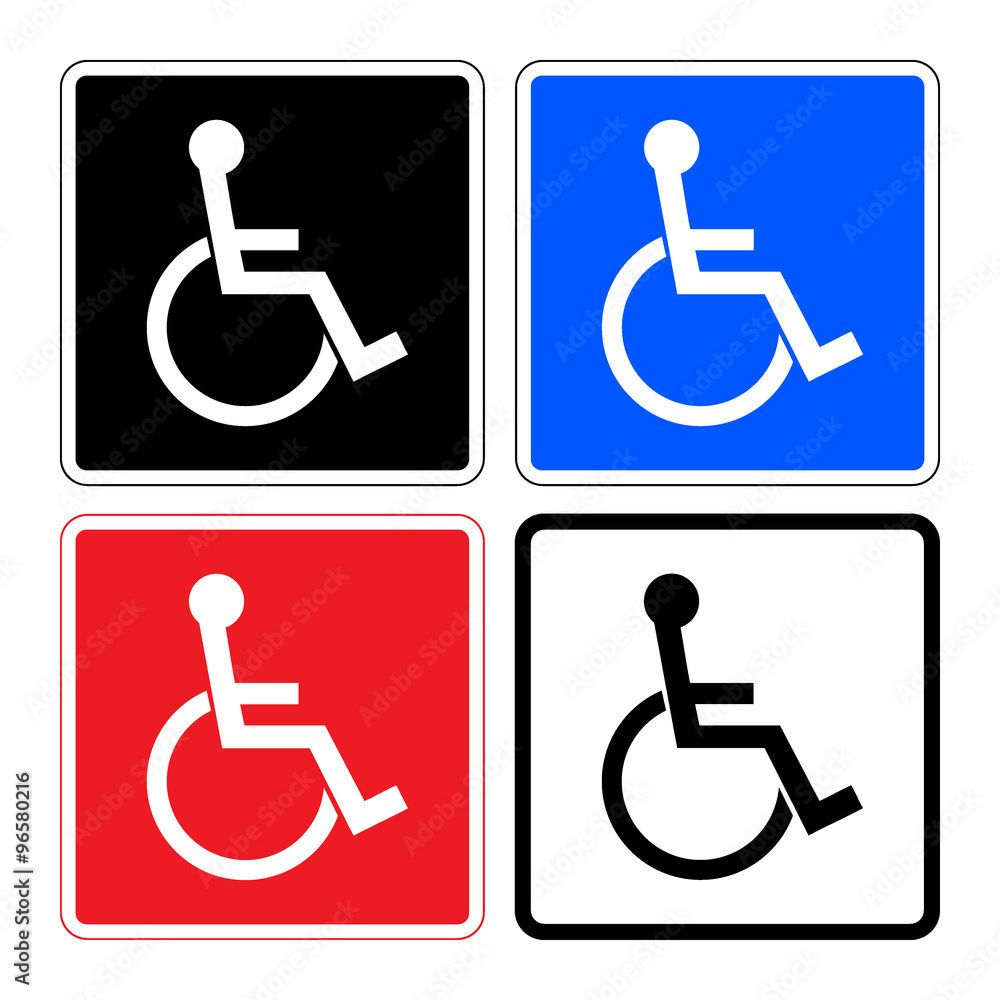 Disabled sign. Handicapped person icons isolated in square. Set illustrations of prohibiting warning sign and permissive sign for the disabled. On a white, black, blue and red background. Stock vector Disabled sign. Handicapped person icons isolated in square. Set illustrations of prohibiting warning sign and permissive sign for the disabled. On a white, black, blue and red background. Stock vector