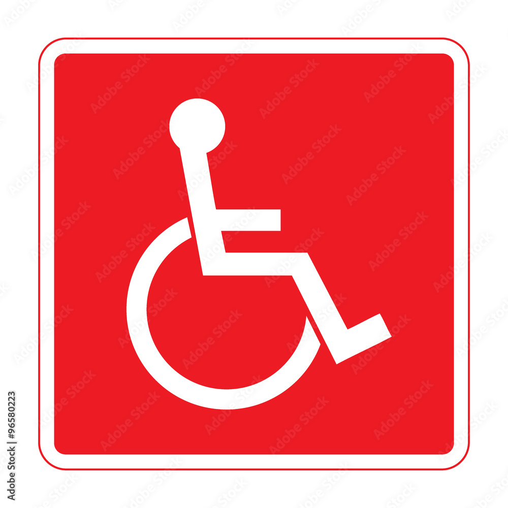 Disabled sign. Handicapped person icon in a red square isolated on white background. Illustrations of warning emblem and permissive symbol for the disabled. Vector Disabled sign. Handicapped person icon in a red square isolated on white background. Illustrations of warning emblem and permissive symbol for the disabled. Vector