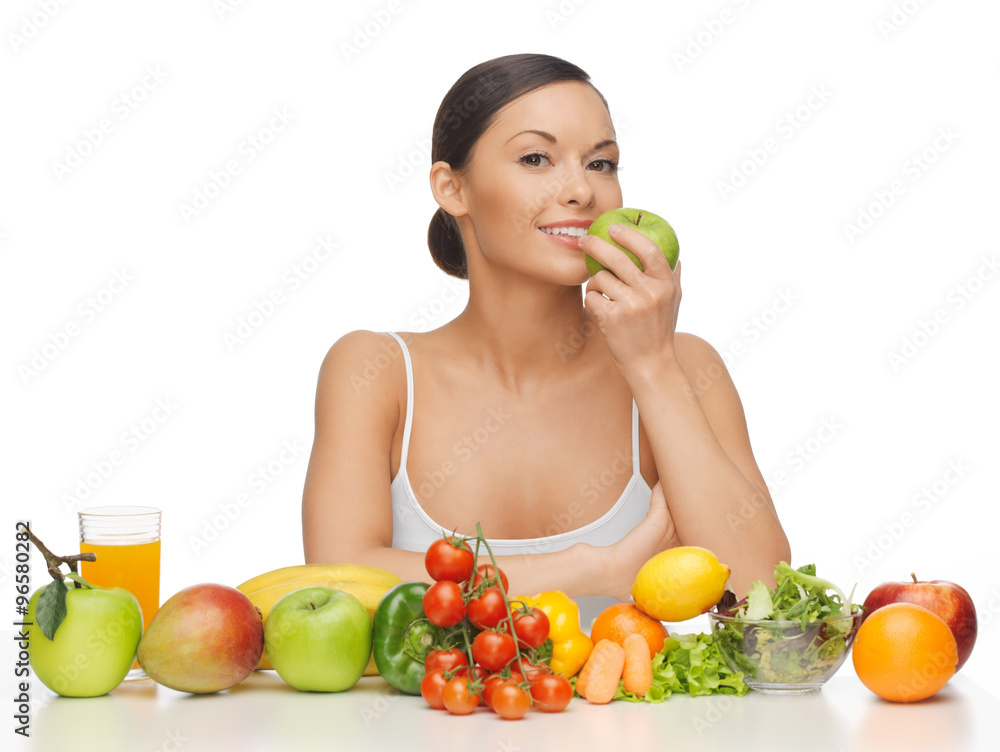 woman with fruits and vegetables woman with fruits and vegetables