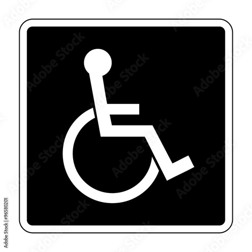 Disabled sign. Handicapped person icon in a black square isolated on white background. Illustrations of warning emblem and permissive symbol for the disabled. Vector