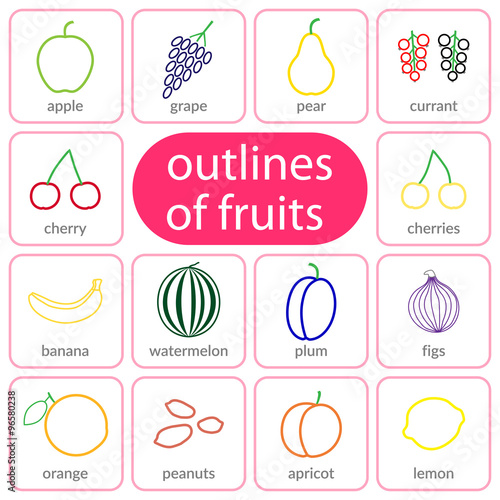 Fruits and berries set icons isolated on white background. Outlined design signs for websites, mobile applications, promotional materials. Template Healthy Food for cooking and restaurant menu. Vector