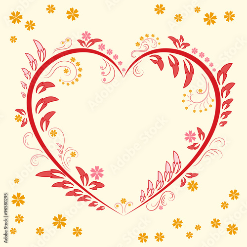 Floral ornament a heart shaped on yellow background. Flower Illustration Elements. Beautiful card with tree branches, foliage, butterfly, fantastic flowers. Ornamental element design. Vector