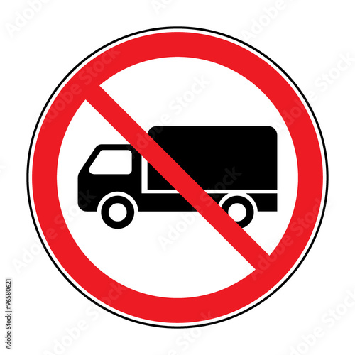 No truck prohibition sign. No lorry or no parking icon in the red circle isolated on white background. Illustrations of prohibiting warning symbol for trucks. No allowed sign. Stock Vector