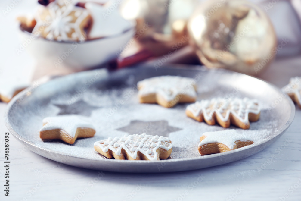 Beautiful Christmas cookies on oven-tray, close up Beautiful Christmas cookies on oven-tray, close up