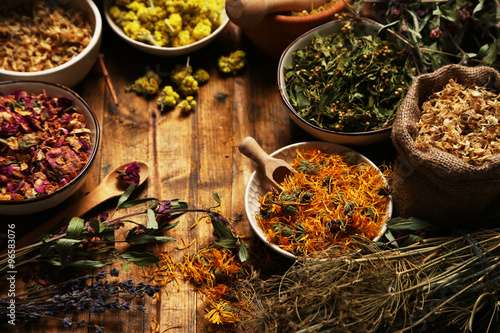 Fototapeta Naklejka Na Ścianę i Meble -  Assortment of dry medicinal herbs in bowls on wooden background top view