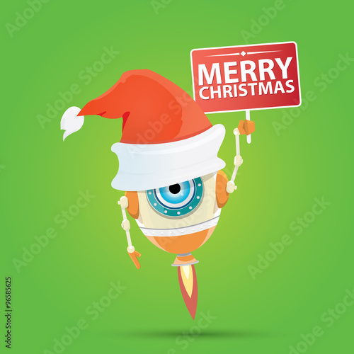 Cartoon Cute Robot with  santa claus red hat.  © zmiter