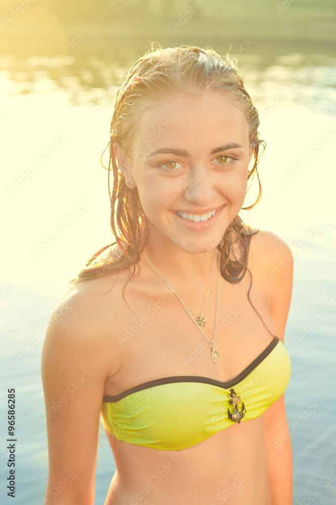sexy bikini pretty girl having fun relaxing in the water on summer outdoors copy space background, closeup portrait