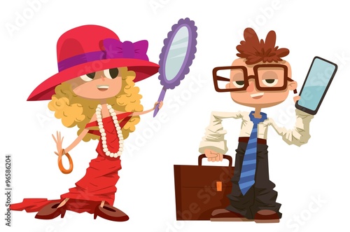 Cartoon boy and girl dressed like mother, father