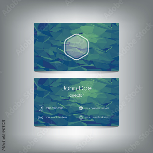 Low poly business card with polygonal vector background. Company presentation and icons for contacts