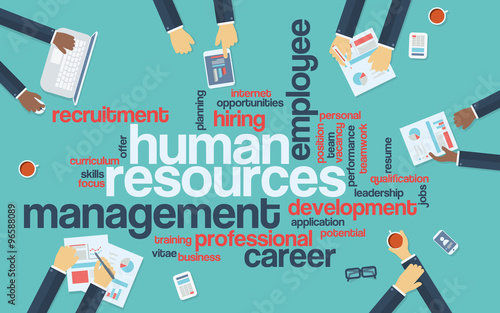 Human resources flat design infographics with word cloud. Recruitment and career development presentation