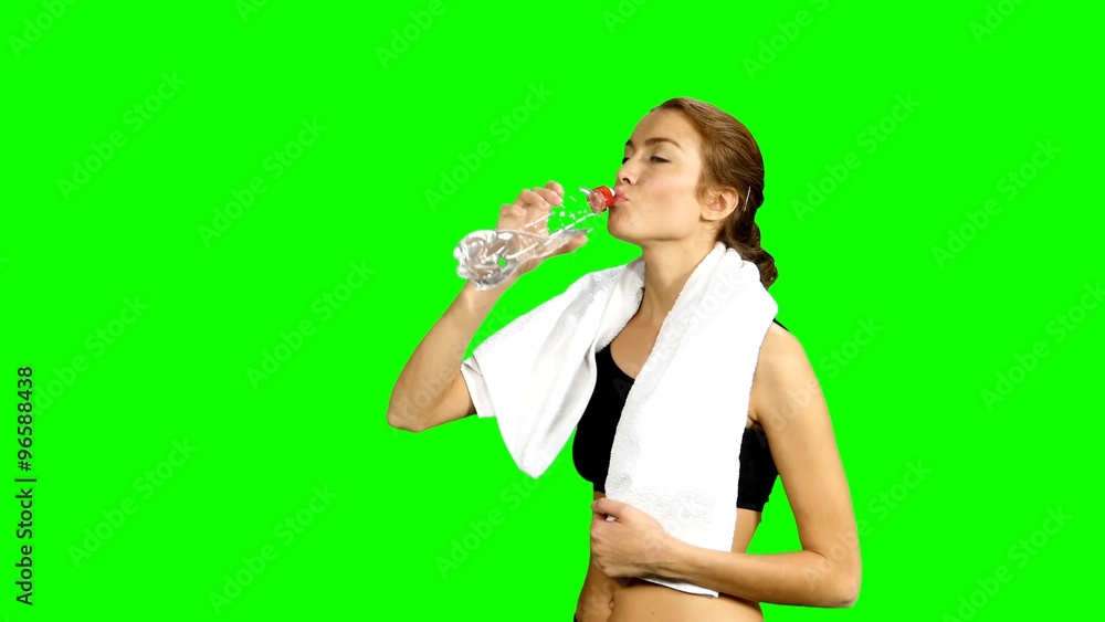 sporty muscular woman drinking water, close up, Green screen sporty muscular woman drinking water, close up, Green screen