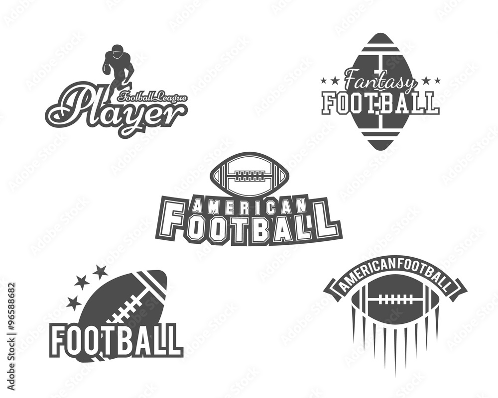 College rugby and american football team, college badges, logos, labels, insignias set in retro style. Graphic vintage design for t-shirt, web. Monochrome print isolated on a white background. Vector