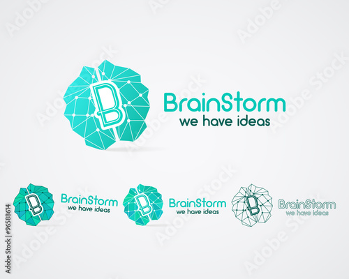 Brainstorm logo set, brain, creation idea logo templates and elements. Solve problems, idea creation business company logotype. Creative agency brand identity. Polygonal Brain icon concept. Vector