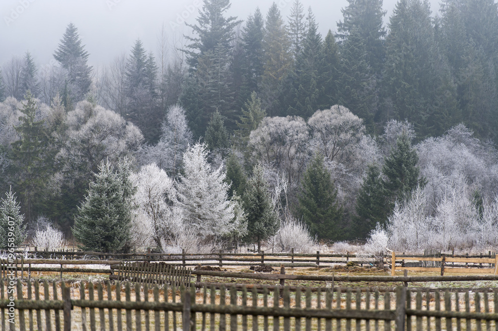 Frosty morning in mountain village Frosty morning in mountain village