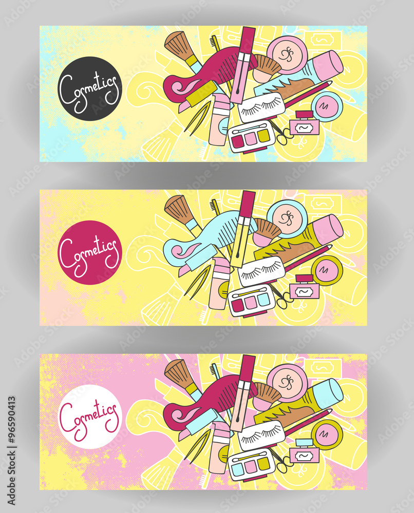Fototapeta premium The horizontal banners to the perfumery and cosmetic booklet with hand-drawn elements of isolated vector illustrations