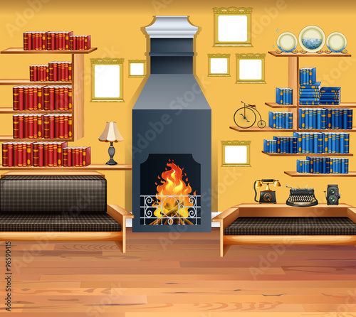 Living room with fireplace and bookshelves