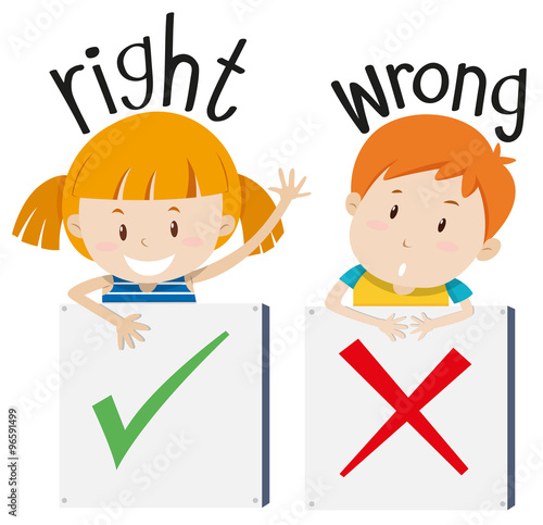 Boy with wrong sign and girl with right sign