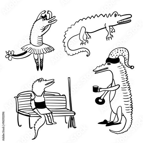 Crocodiles funny comic set outline vector illustration