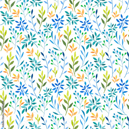 Seamless floral background. Green, yellow and blue pattern with leaves.