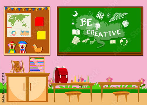 Elementary classroom with board and chairs