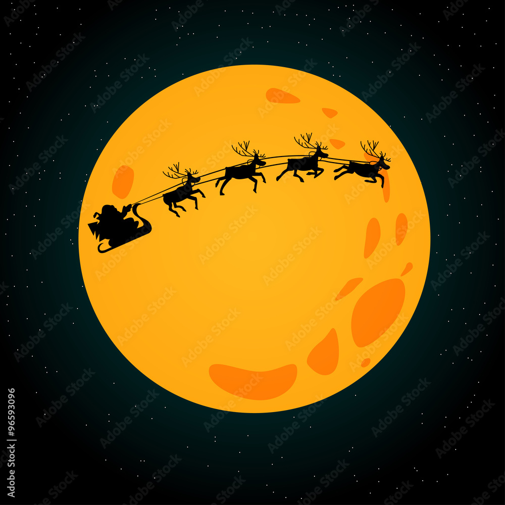Santa Claus riding on a reindeer on a background of the full moo