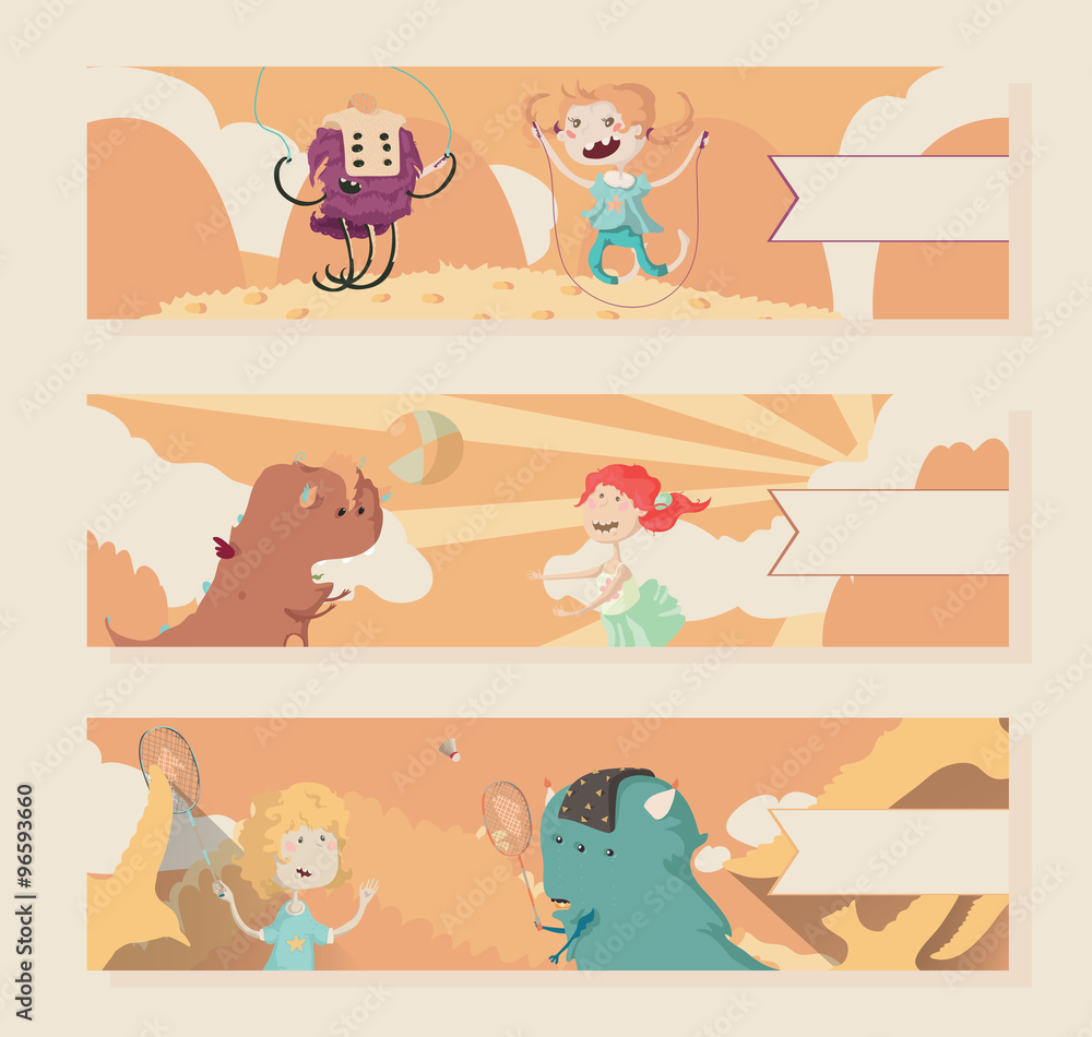 Horizontal warm banners with kids and monsters playing outdoor sports (badminton, ball, skipping rope). Fun, colored, happy and kind vector illustration. Horizontal warm banners with kids and monsters playing outdoor sports (badminton, ball, skipping rope). Fun, colored, happy and kind vector illustration.