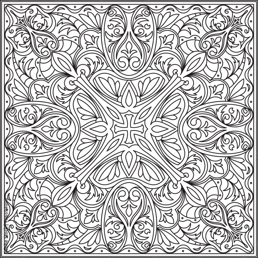 Abstract vector black square lace design in mono line style - ma