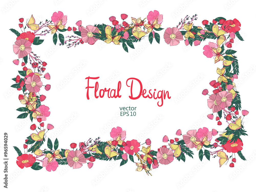 Floral frame with flowers berries and butterfly