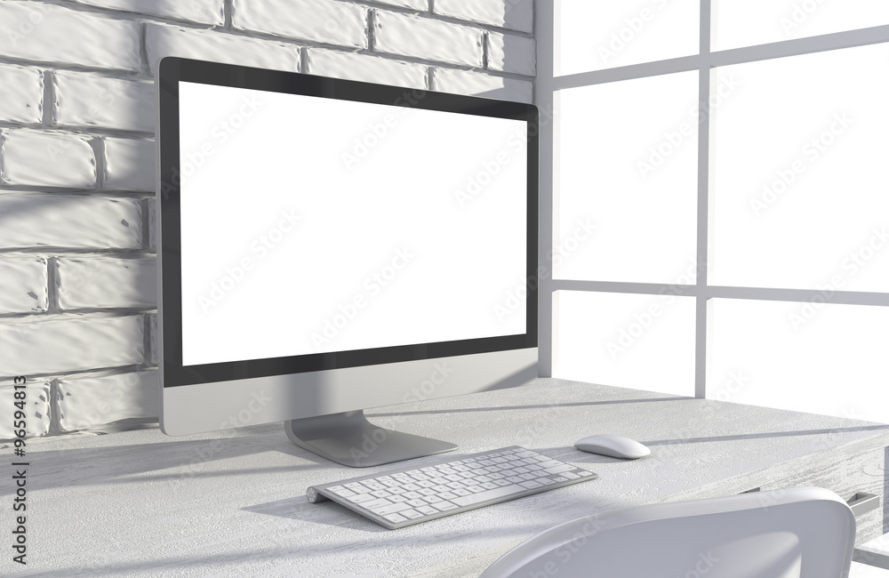 Fototapeta premium 3D illustration PC screen on table in office, Workspace