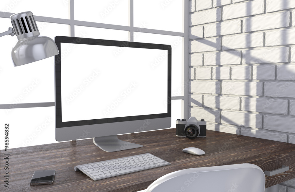 3D illustration PC screen on table in office, Workspace 3D illustration PC screen on table in office, Workspace