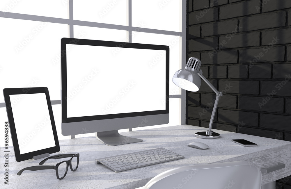 Fototapeta premium 3D illustration PC screen on table in office, Workspace