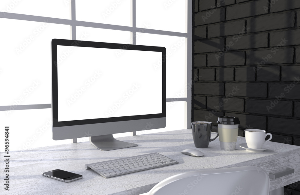 Fototapeta premium 3D illustration PC screen on table in office, Workspace