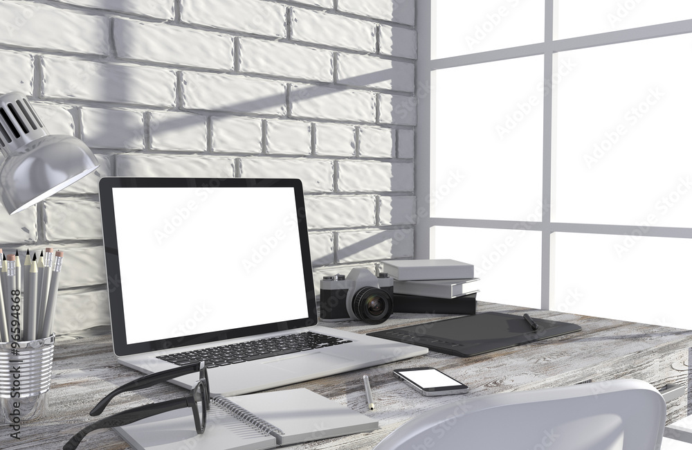 Fototapeta premium 3D illustration laptop and work stuff on table near brick wall, Workspace