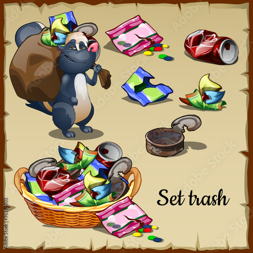 Skunk with bag of garbage and trash around
