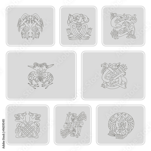 set of monochrome icons with celtic art and ethnic ornaments for your design
