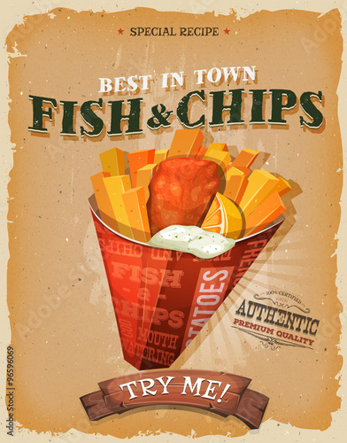 Grunge And Vintage Fish And Chips Poster