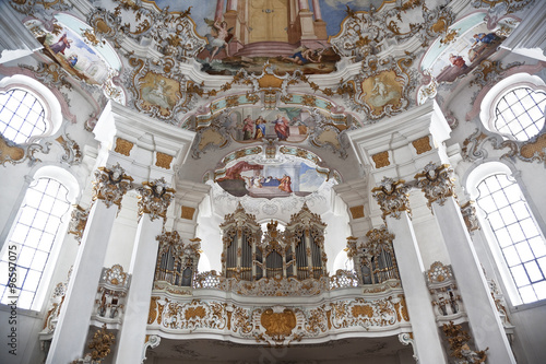 World heritage wall and ceiling frescoes of wieskirche church in bavaria, Germany, Europe