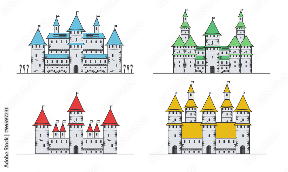 Medieval fortress or castles set. Flat style icons.