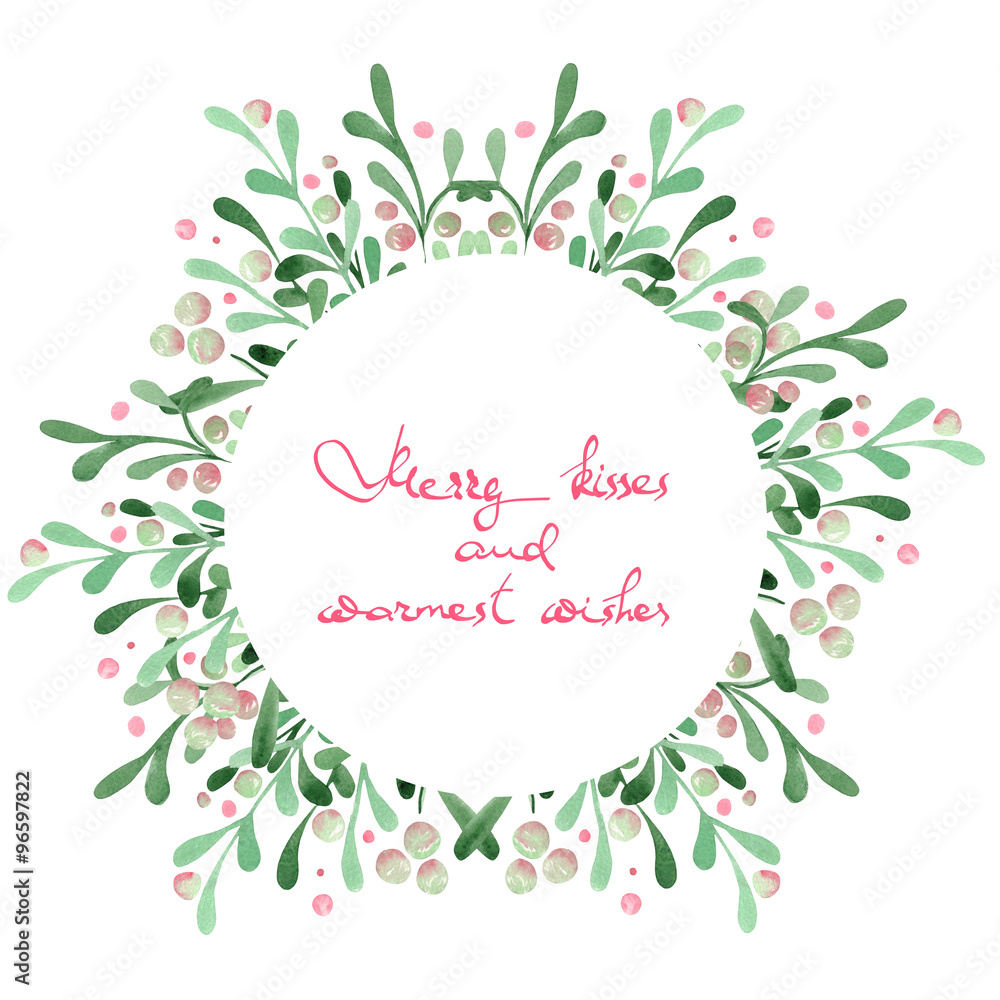 Christmas wreath (frame) of a mistletoe painted in watercolor on a white background with inscription 