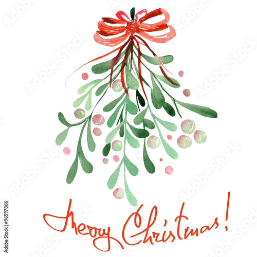 Illustration (image) of an isolated Christmas watercolor mistletoe with a red bow on a white background