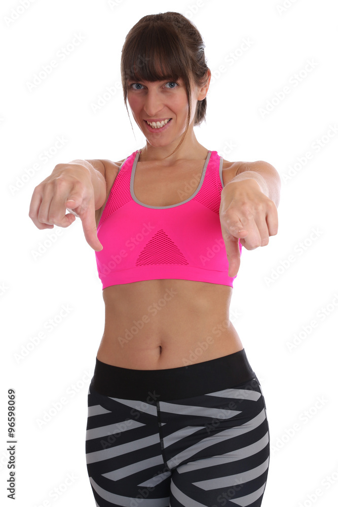 Fitness Frau beim Sport Workout Training zeigt mit der Hand Ich