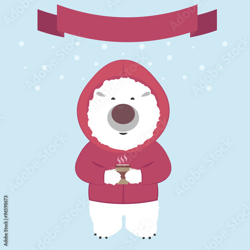 Polar bear in a jacket with a hood drinking hot coffee on the background of falling snow